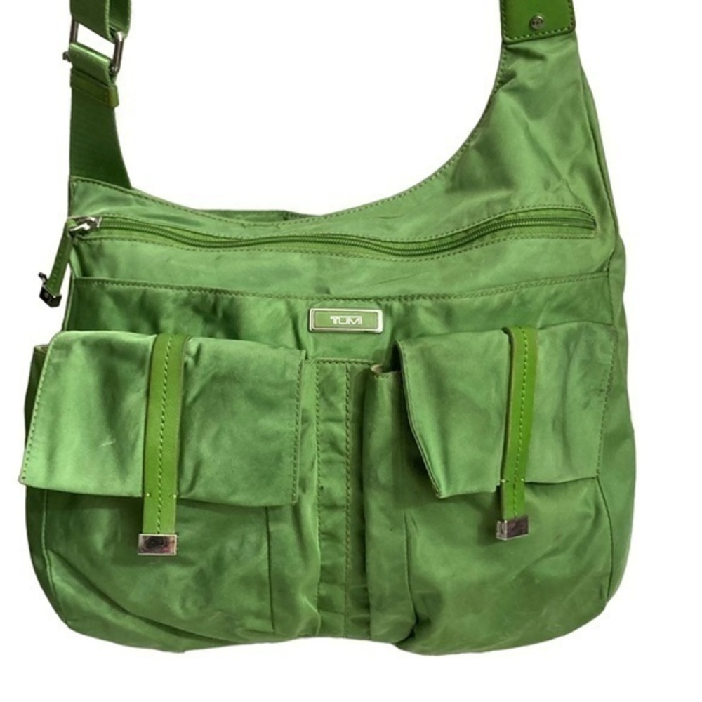 Tumi double pocket green nylon messenger bag
